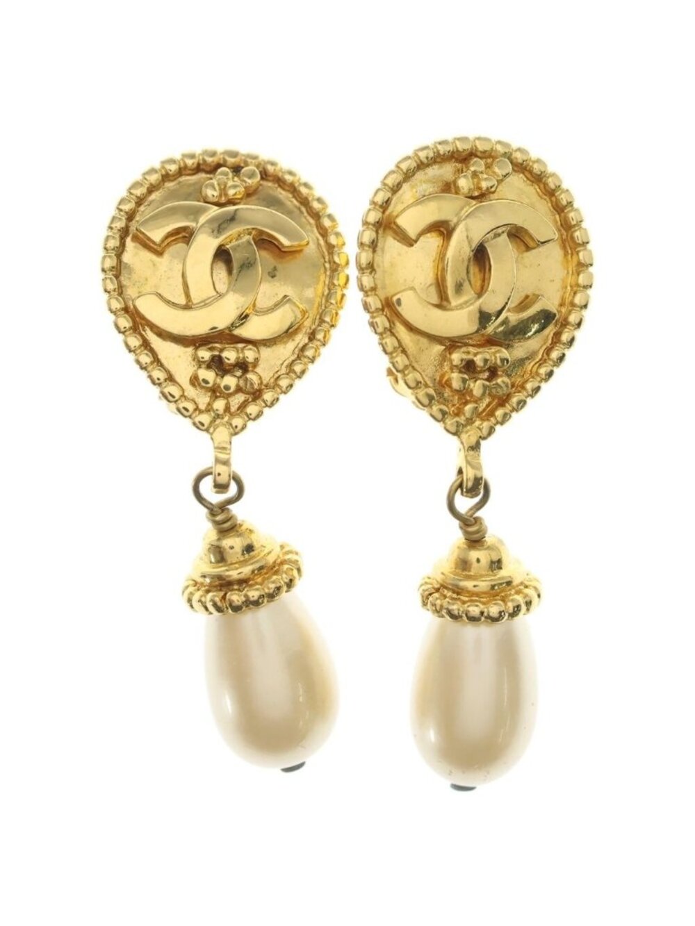Chanel CC Logo Pearl Drop Earrings White Gold 96A